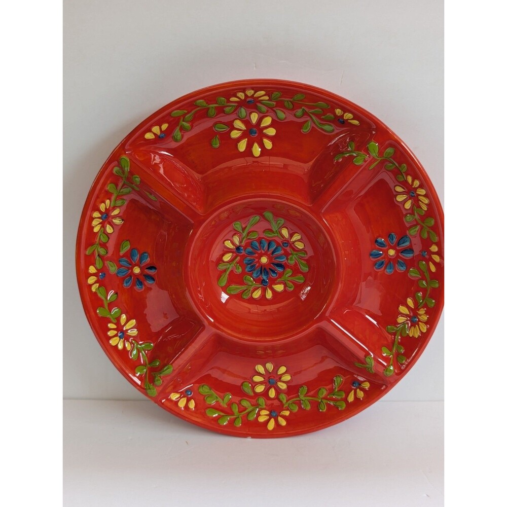 Large Pier 1 FLORES Boho Embossed Floral Hand Painted Divided Platter 14''